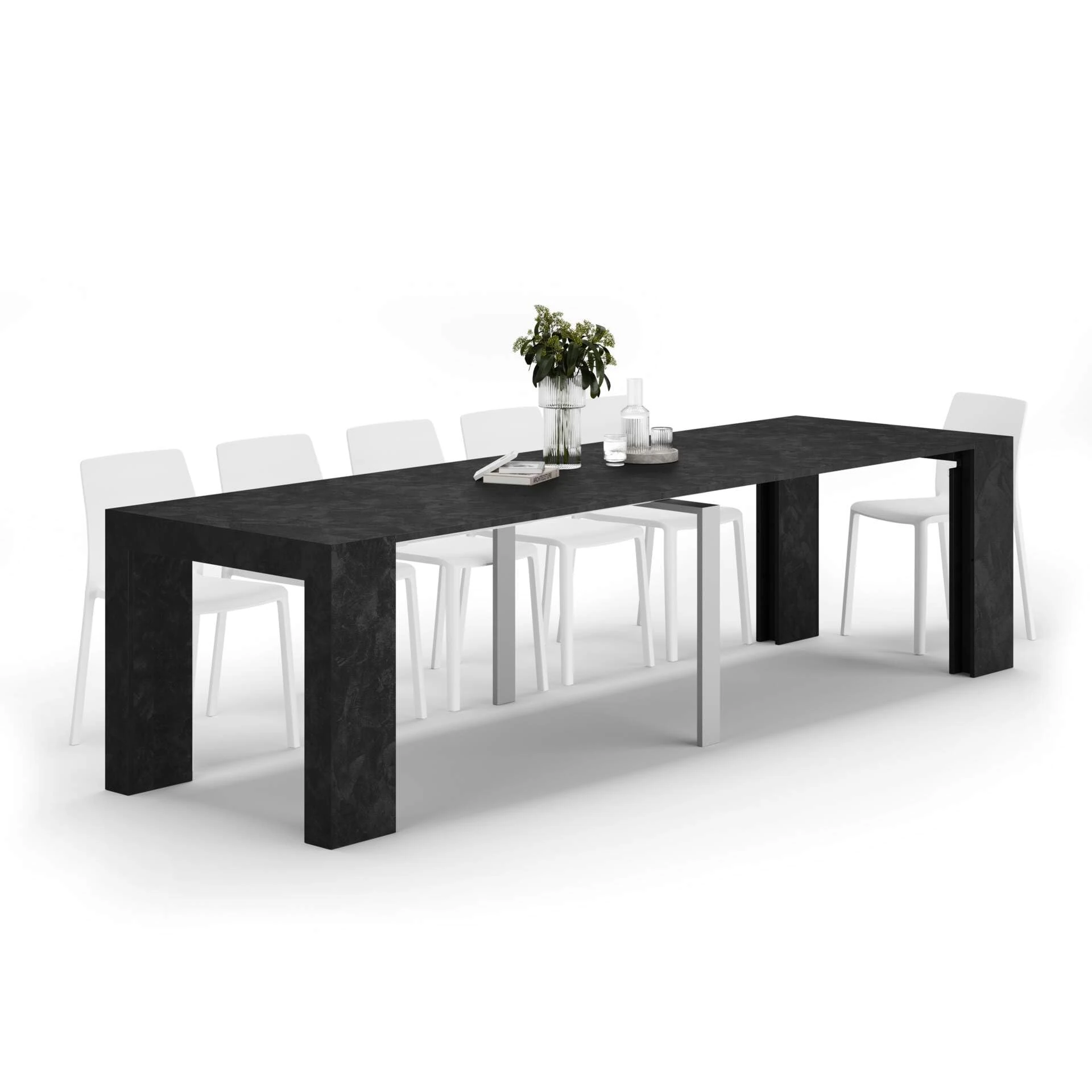 Mobili Fiver, Angelica Extendable Console Table, 45(305) x90 cm, Concrete Effect, Black, Made In Italy