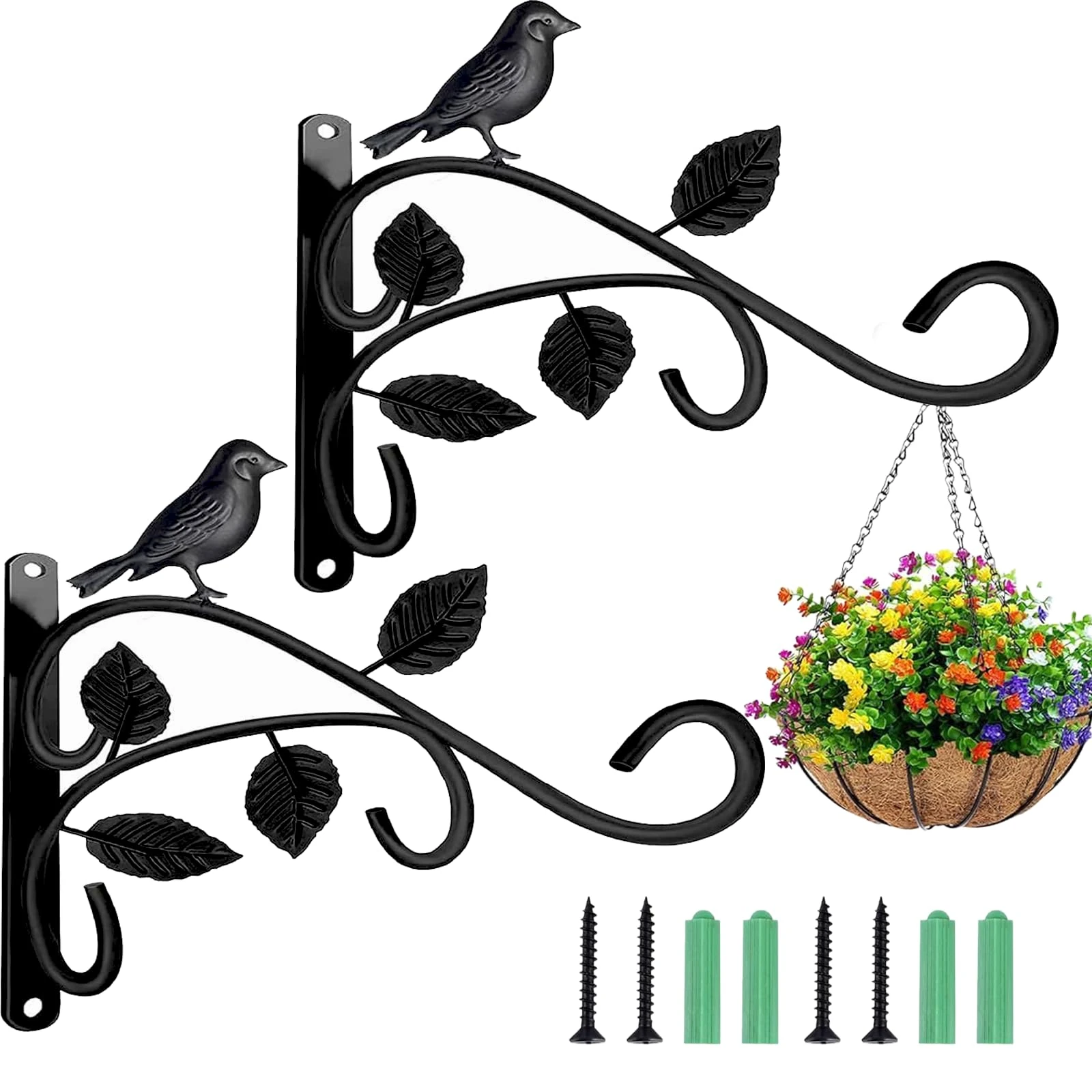 2 Pack Heavy Duty Plant Hanger Brackets - 12 Inch Rustproof Iron Wall Hooks for Hanging Baskets, Bird Feeders & Lanterns - Outdoor Indoor Use on Fence, Porch, Balcony (Black)