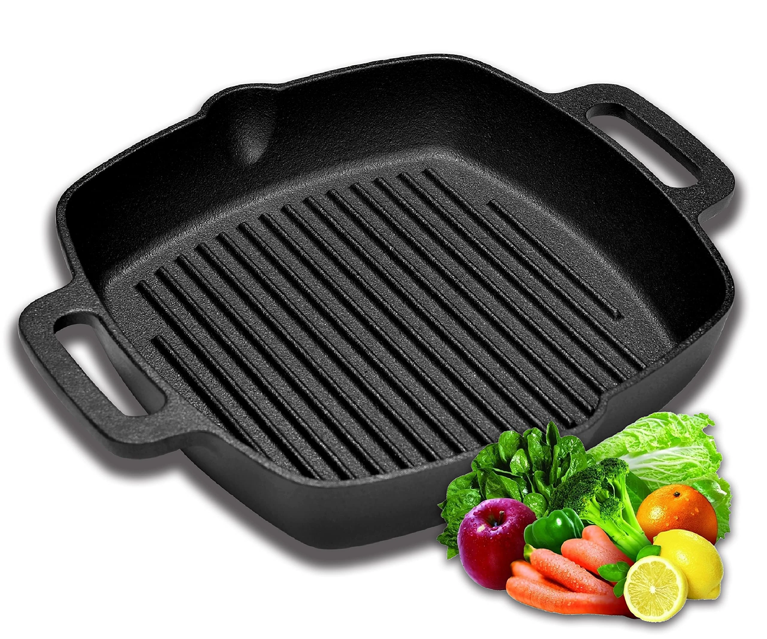Velaze Griddle Pans Pre-Seasoned Cast Iron Frying Pan Square with Double Handle for Induction, Electric & Gas Hobs Grill Steak and Veggies Black