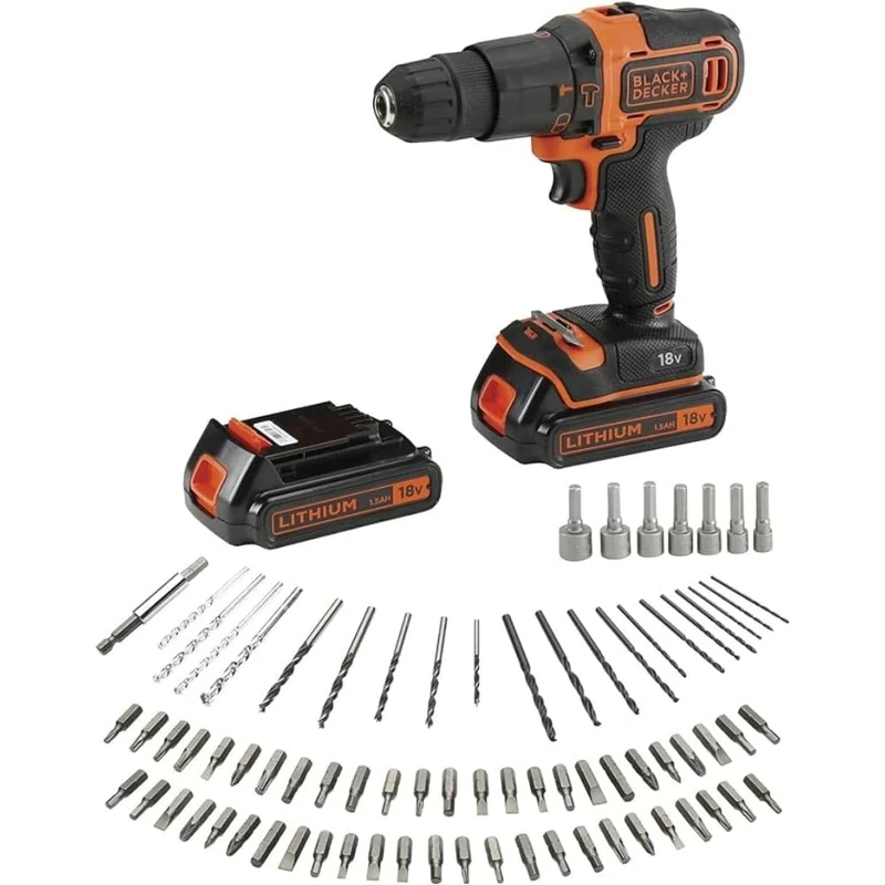 N/A BLACK+DECKER Cordless Hammer Drill 18V 2 Batteries with Flight case and 80 Accessories