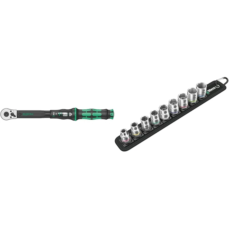 Wera Click Torque B 2 Adjustable Torque Wrench, 3/8" Square Drive, 20-100 Nm, 05075611001 & Belt B 4 Zyklop Socket Set, 3/8" Drive, 9pc, 05003973001