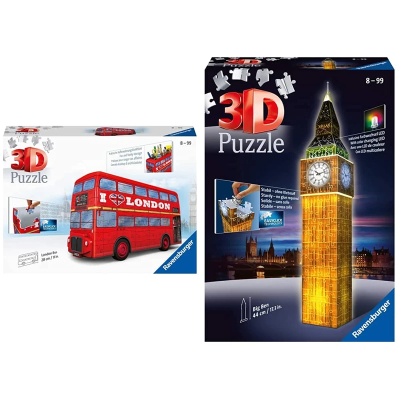 Ravensburger Red London Bus 216 Piece 3D Jigsaw Puzzle for Kids Age 8 Years and Up & Big Ben 216 Piece 3D Jigsaw Puzzle for Adults and Kids Age 8 Years Up - Night Edition with LED Lighting - London UK