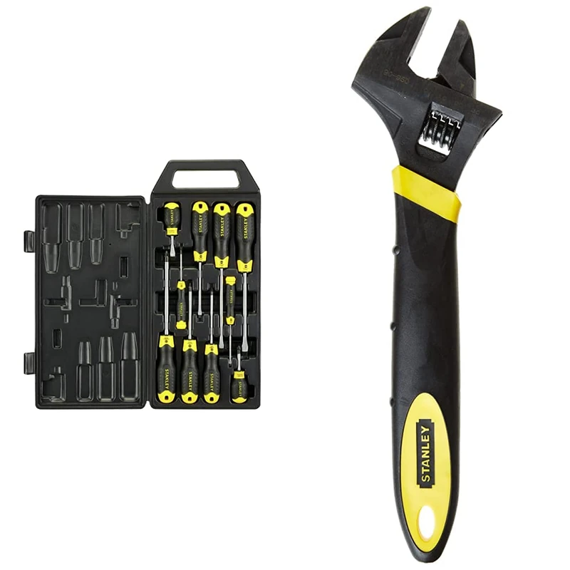 STANLEY 10 Piece Cushion Grip Screwdriver Set, Flared/Pozi & 090950 300mm MaxSteel Adjustable Wrench
