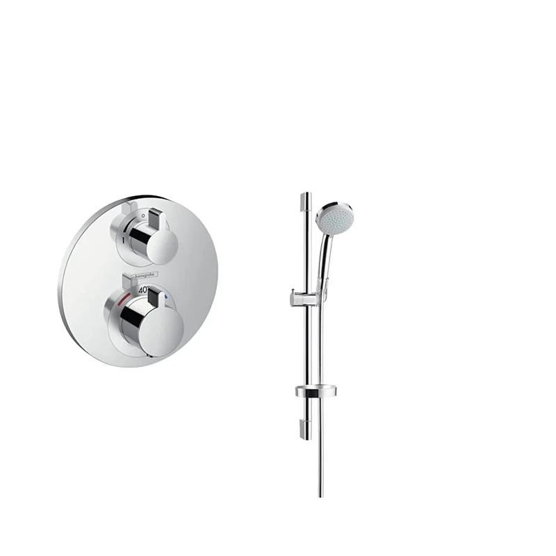 hansgrohe Ecostat S Thermostatic Mixer for 2 outlets with Integrated Shut Off/Diverter Valve, Chrome 15758000 & Croma 100 Shower Set Vario with Shower Rail 65 cm and soap Dish