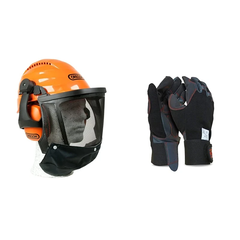 Oregon Waipoua Professional Chainsaw Safety Helmet with Protective Ear Muff and Mesh Visor(562413) & 295395 Leather Chainsaw Protective Glove, 4 Way Stretch, Large
