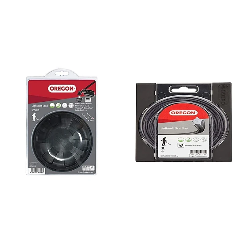 Oregon 559059 Lightning Load Pro Tap and Go Bump Fit Universal Trimmer Head, Fits Most Straight Shaft Strimmers Over 33cc, Cream & OREGON 110986E Nylium Star Strimmer Line, 3.0 mm, 15 m