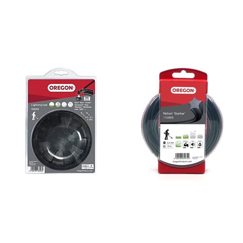 Oregon 559059 Lightning Load Pro Tap and Go Bump Fit Universal Trimmer Head, Fits Most Straight Shaft Strimmers Over 33cc, Cream & OREGON 110985E Nylium Star Strimmer Line, 2.4 mm, 15 m