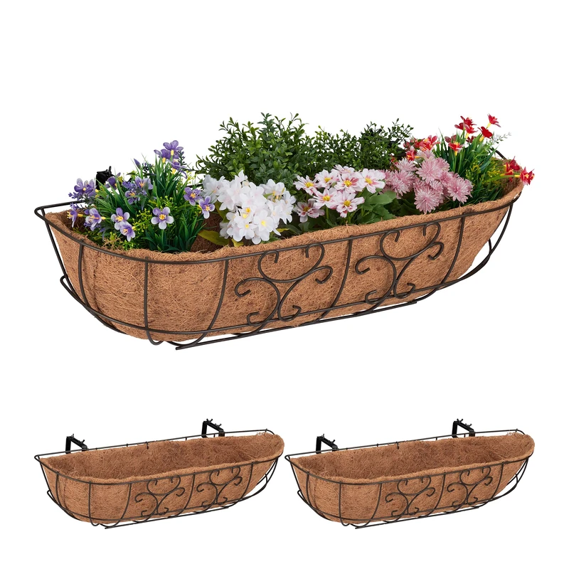 Relaxdays Flower Box, 3x Set, Balcony Hanger, Iron, Coconut Fibre Insert, Plantpot, HxWxD 21 x 76 x 22 cm, Brown/Natural