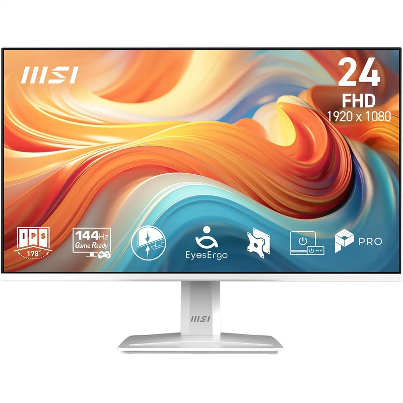 MSI PRO MP243W E14 24-Inch FHD Computer Monitor, 1920x1080 IPS, 144Hz, 1ms, HDR ready, Adaptive Sync, Eye care, Built-in speaker, HDMI 1.4b, DP 1.2a, Frameless, Tilt Adjustable, Vesa Mount, White
