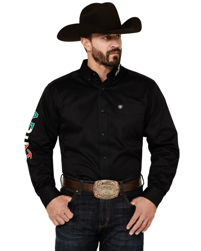 ARIAT Men's Team Logo Twill Fitted Shirt, Black/Mexico, Medium