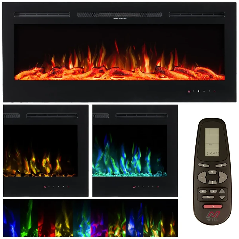 NETTA 60 Inch Electric Fireplace Inset Recessed, 152cm Wall Mountable Heater with Remote Control, 2 Heat Power Settings, Adjustable Temperature, Hourly and Weekly Timer