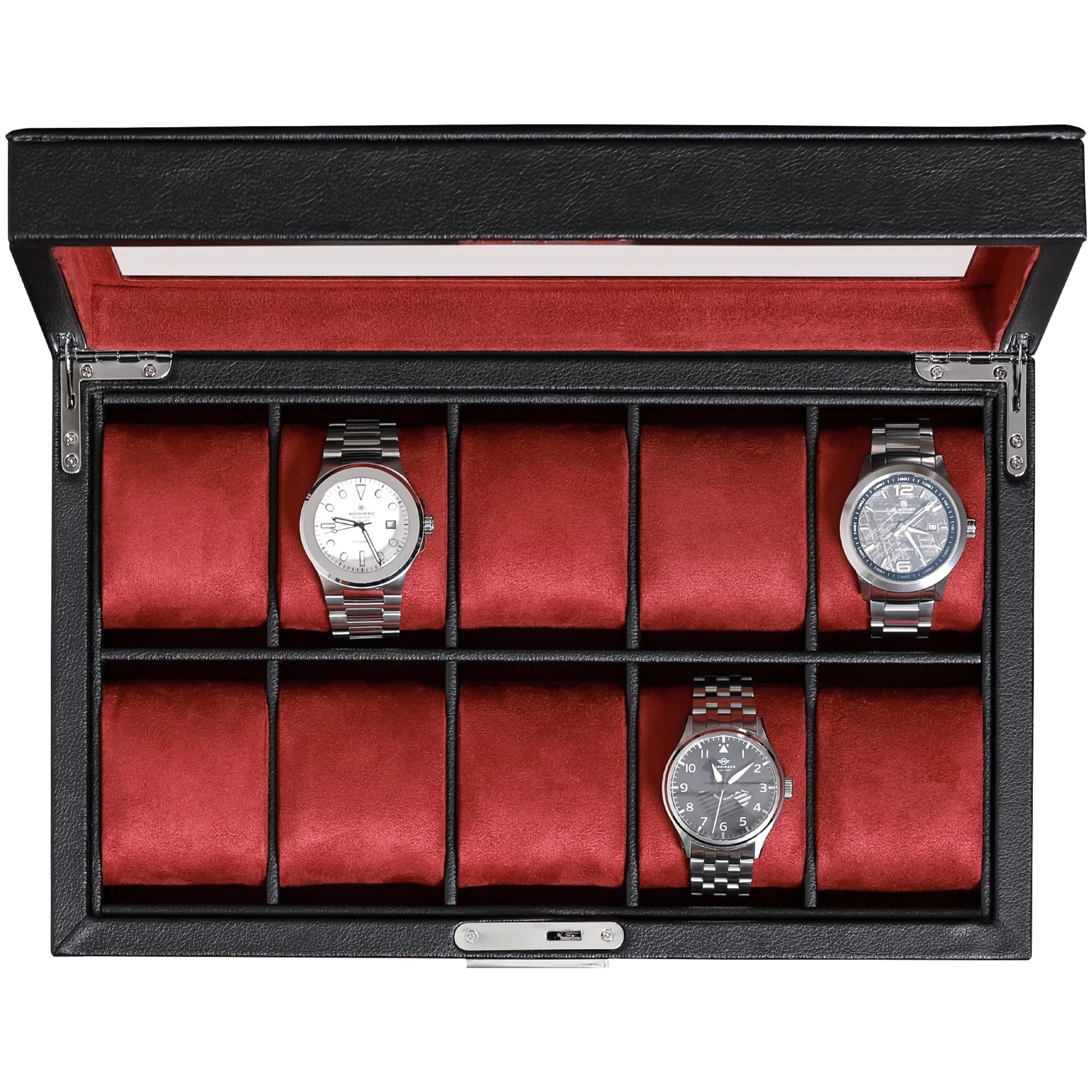 ROTHWELL 10 Slot Leather Watch Box - Luxury Watch Case Display Organizer, Ultra Soft Microsuede Liner, Locking Jewelry Watches Holder With Large Glass Top (Black/Red)