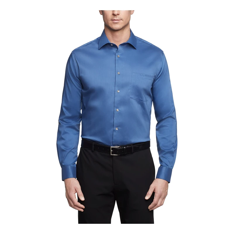 Van Heusen Men's Dress Shirt Regular Fit Ultra Wrinkle Free Flex Collar Stretch Solid, Smokey Blue, 18"-18.5" Neck 36"-37" Sleeve