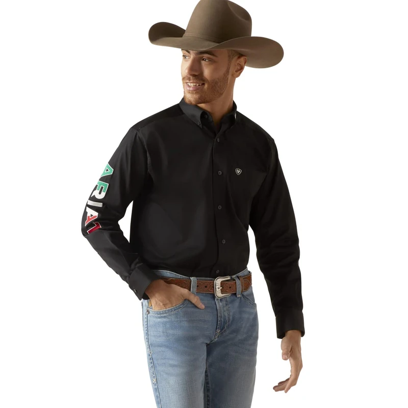 ARIAT Men's Big and Tall Team Logo Long Sleeve Twill Shirt, Black Mexico Cav SMU, Medium