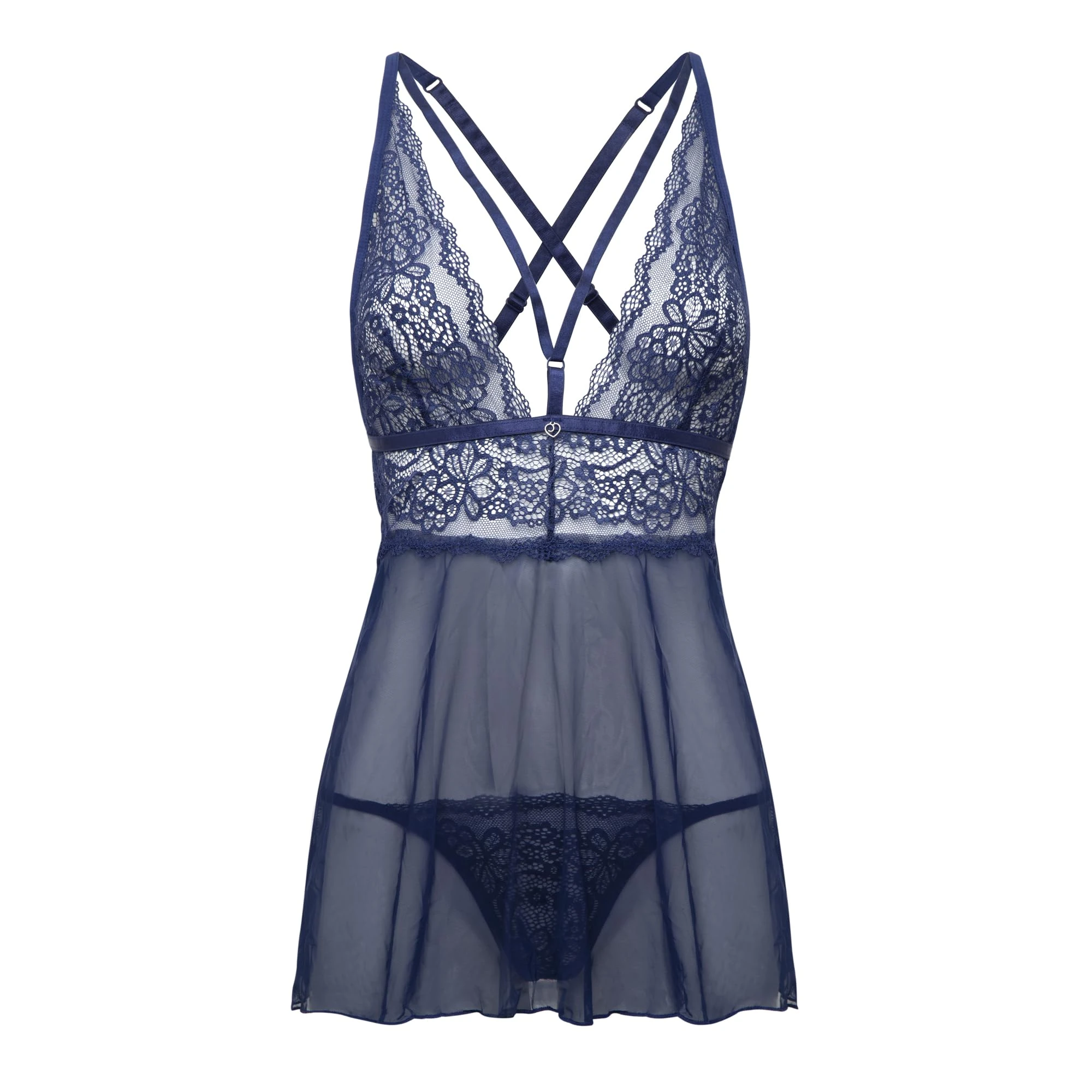 Lovehoney Lingerie For Women - Blue Late Night Liaison Lace Babydoll and Crotchless Thong Set - Soft Cups & Adjustable Straps - One Size: 8-16