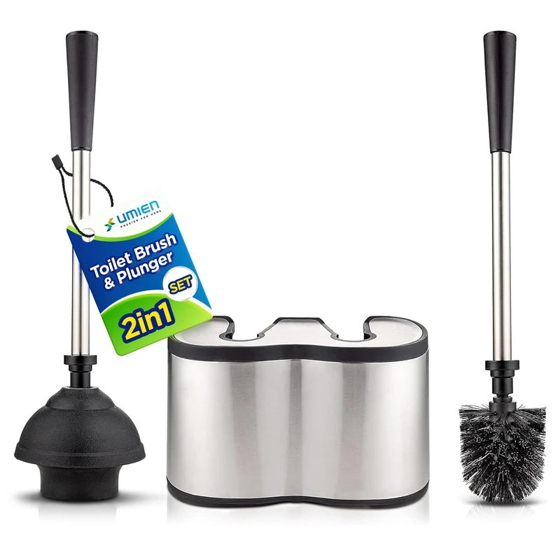 Umien™ Toilet Brush and Plunger Set - Stainless Steel Plunger and Toilet Brush Combo with Freestanding Canister - Modern and Sleek Bathroom Cleaning Accessories… - Image 1