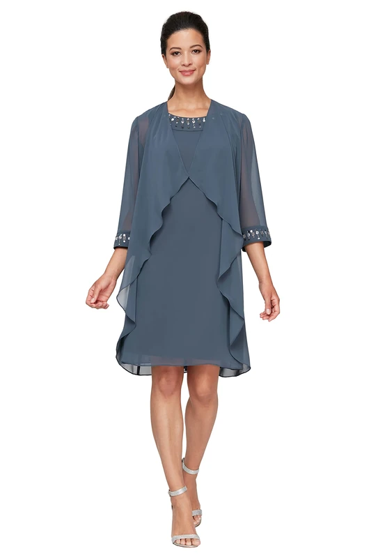 S.L. Fashions Women's Beaded Neck Chiffon Jacket Dress Special Occasion, Steel, 46