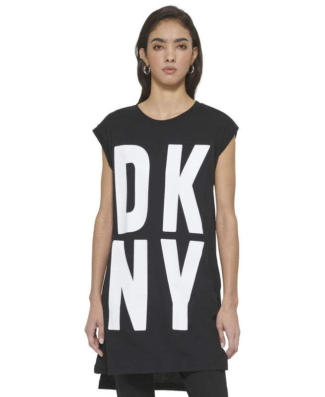 DKNY Women's Sportswear Missy Cap Sleeve Logo T-Shirt, Black/White, S, Schwarz/weiß, S