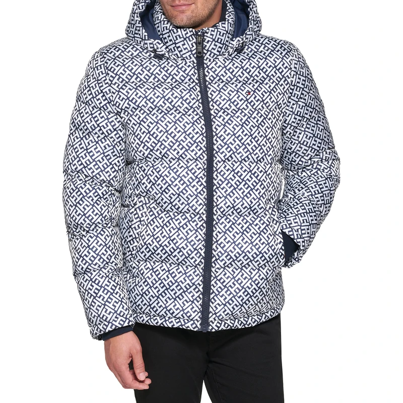 Tommy Hilfiger Men's Hooded Puffer Jacket Down Alternative Coat, Tommy Logo Print, M