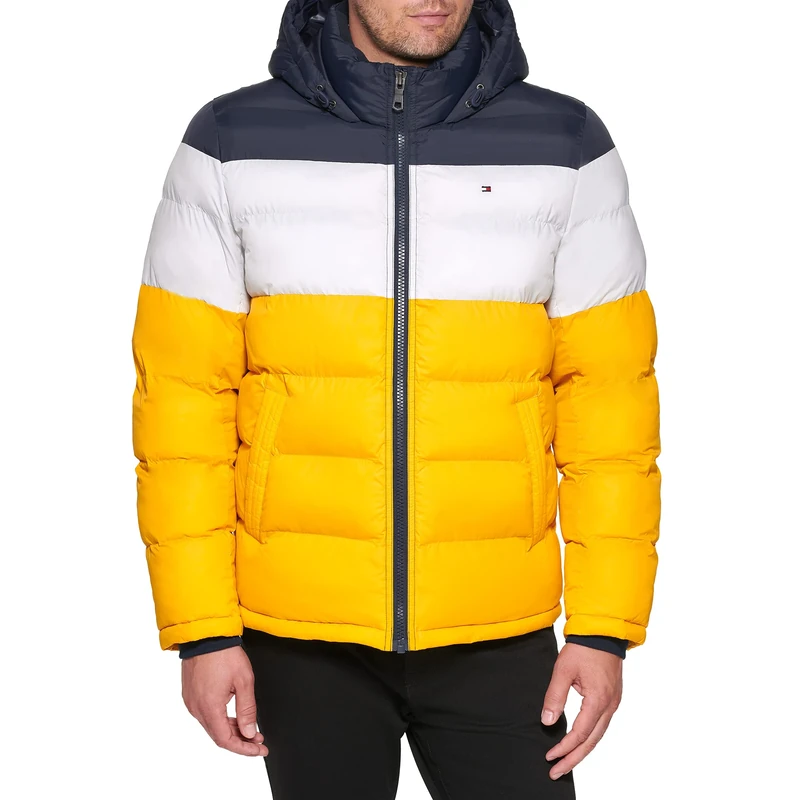 Tommy Hilfiger Men's Down Alternative Hooded Puffer Jacket (Standard and Big & Tall) Coat, Midnight/Ice/Yellow, XXL