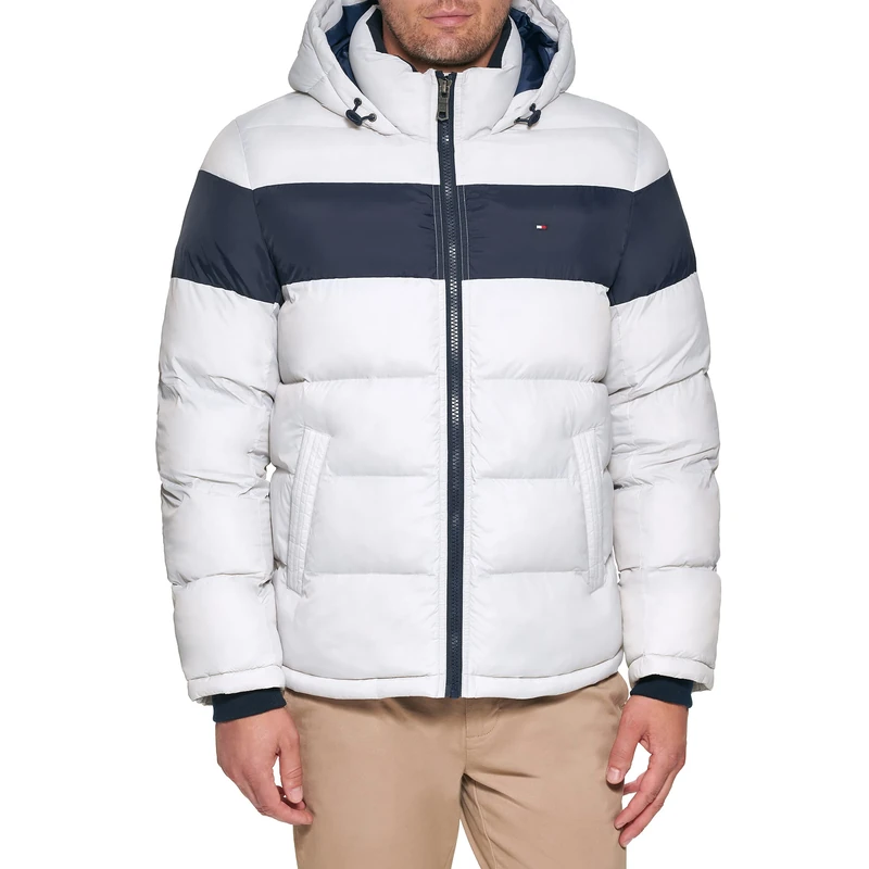 Tommy Hilfiger Men's Down Alternative Hooded Puffer Jacket (Standard and Big & Tall) Coat, Ice Midnight Stripe, L