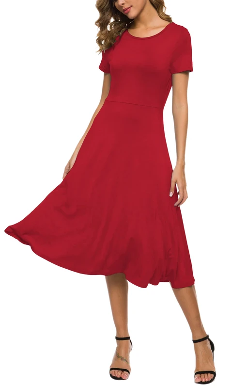 EXCHIC Women's Short Sleeve Round Neck Waisted Slim Summer Midi Dress, Red, X-Large - Image 1