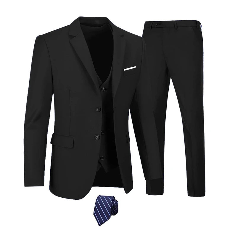 Furuyal Men's Suits 3 Piece Slim Fit Suit Set,Two Button Wedding Business Tuxedo Solid Blazer Jacket Vest Pants with Tie, Black, XL