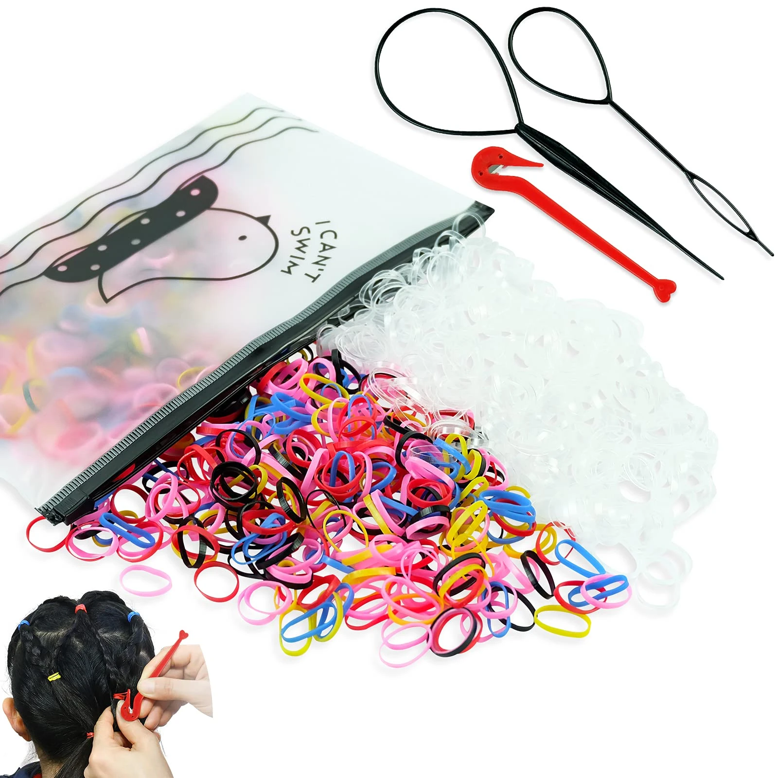 Hanyousheng 1000 Pcs Elastic Hair Bands, Hair Elastics, With Band Removal Hook+2 Hair Braid Tools