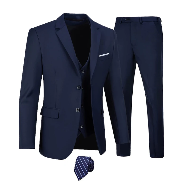 Furuyal Men's 3 Piece Suit Set Slim Fit Two Button Wedding Business Tuxedo Jacket Vest Pants with Tie, Navy Blue/Flower and Shine, L
