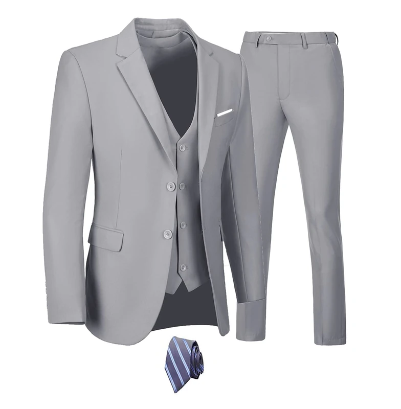 Furuyal Men's 3 Piece Suit Set Slim Fit Two Button Wedding Business Tuxedo Jacket Vest Pants with Tie, Grey, L