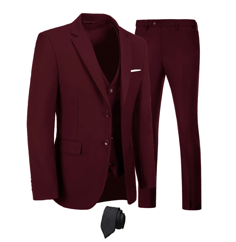 Furuyal Men's 3 Piece Suit Set Slim Fit Two Button Wedding Business Tuxedo Jacket Vest Pants with Tie, Burgundy, L