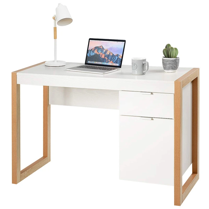 CASART Wood Computer Desk, Laptop Table Study Desk with Drawer Storage Cabinet, Modern Writing Desk PC Workstation for Home Office (White + Natural)