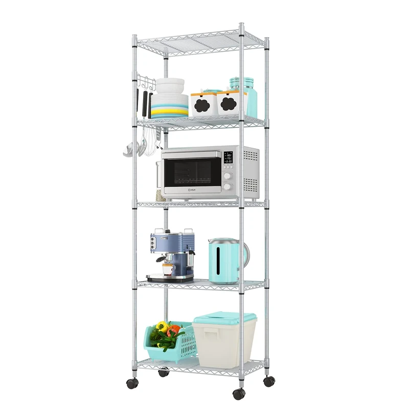 Devo 5 Tier Shelving Unit with Wheels, Height Adjustable Standing Shelf with Wheels, Pantry on Wheels, Storage Rack with Hooks for Bathroom, Kitchen, Silver, 36 cm x 61 cm x 180 cm