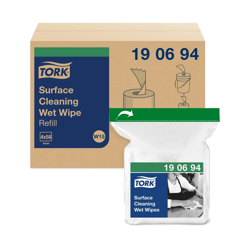 Tork Surface Cleaning Wet Wipes Refill White W15, Removes Oil and Dirt, 4 x 58 wipes, 190694