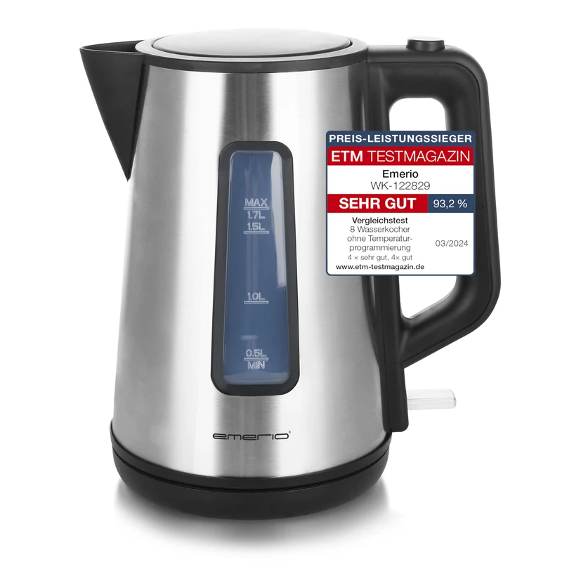 Emerio Kettle Double-Walled Cool-Wall Housing 1.7 L BPA-Free 2200 Watt Auto Off Overheating Protection with Stainless Steel Covered Heating Element Lid Opening at the Touch of a Button Silver, Black - Image 1