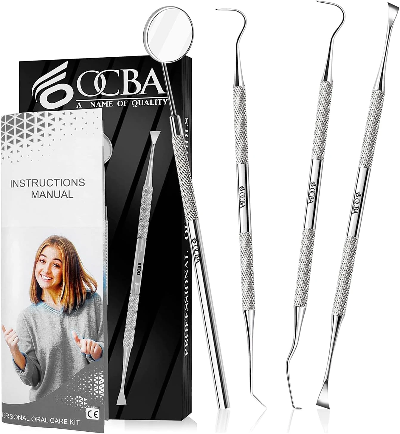 OCBA 4 Pcs Dental Pick Tools Plaque Tartar Remover Stainless Steel Dental Teeth Whitening Cleaning Oral Care Kit Professional Hygiene Tool Set with Tooth Scraper