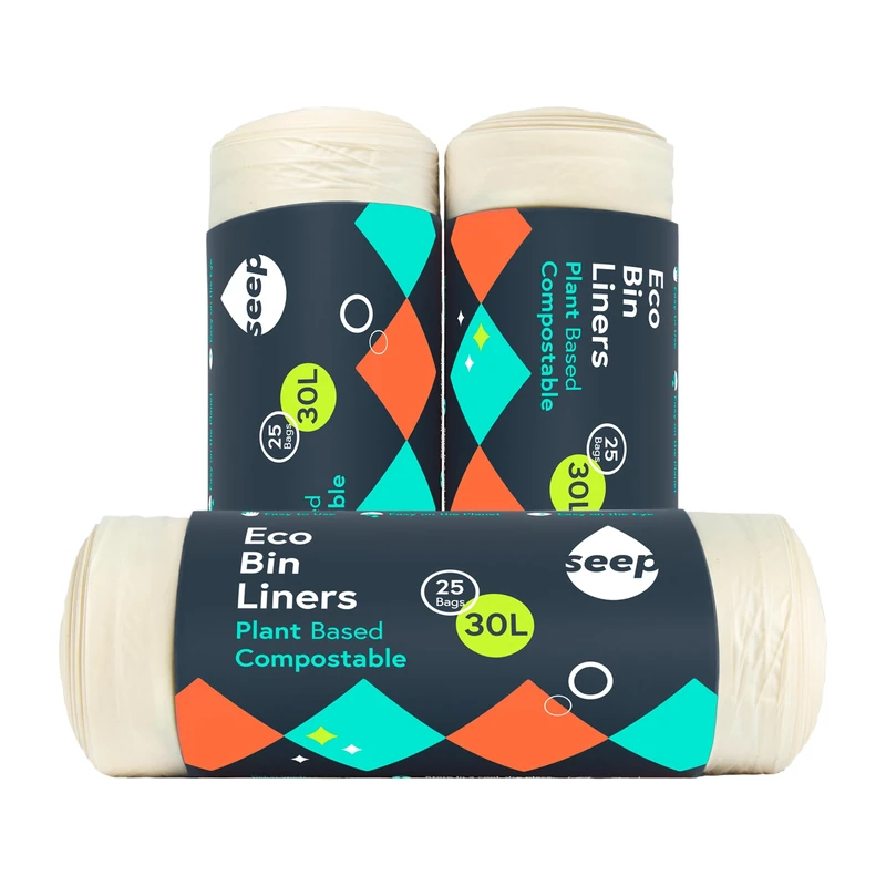 Seep Compostable 75 x 30 Litre Bin Bags - 30L Eco Friendly Bin Liners - Large Kitchen BinBags - 30L Biodegradable Clear Bags | 3 Rolls
