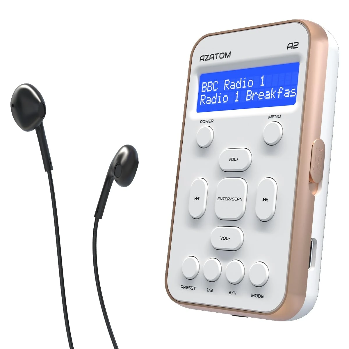 Portable DAB/DAB+ & FM Digital Radio | Sports Earphones Included | Clear Digital Display | Rechargeable Battery (10-12 Hours) | Perfect for Sports, Hiking or Working | AZATOM A2 (White/Rose Gold)