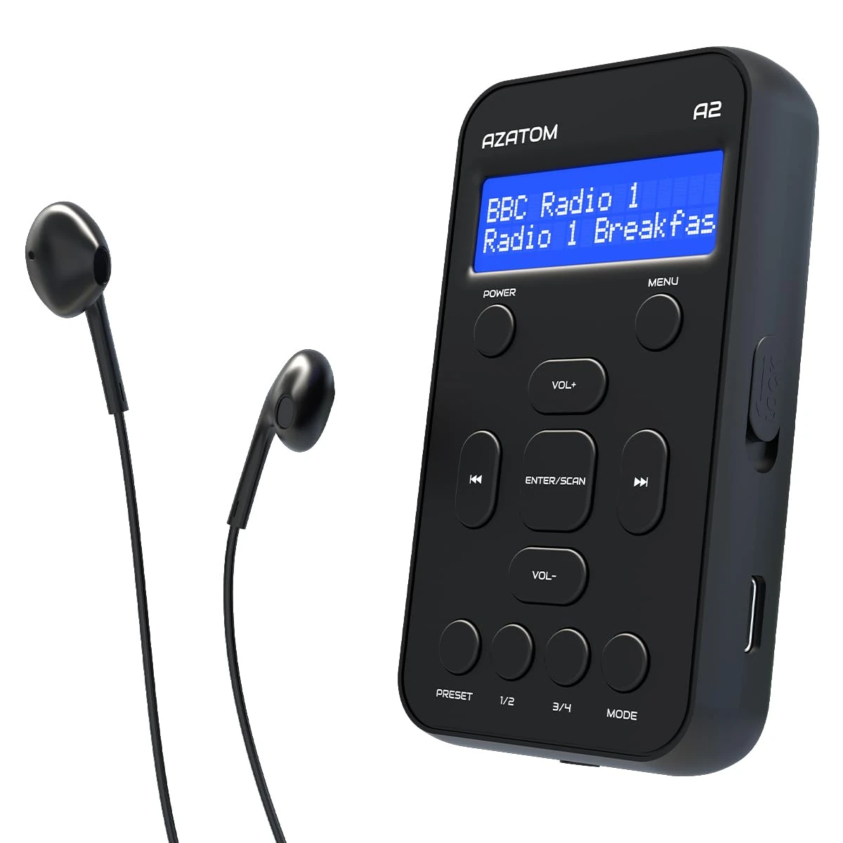 Portable DAB/DAB+ & FM Digital Radio | Sports Earphones Included | Clear Digital Display | Rechargeable Battery (10-12 Hours) | Perfect for Sports, Hiking or Working | AZATOM A2 (Black)