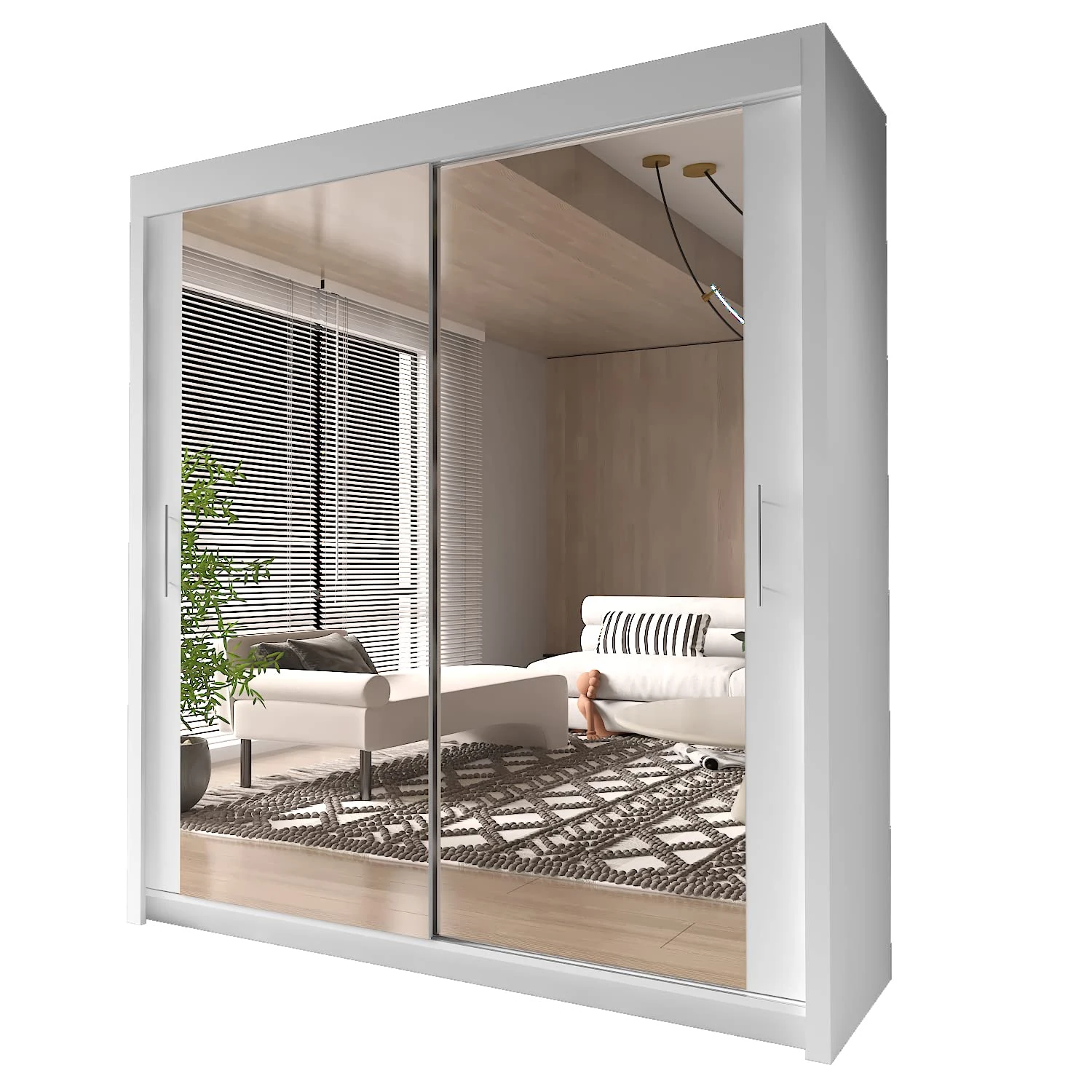 INTERWOOD Modern Full Mirror 2&3 Sliding Doors Wardrobe With Adjustable Shelves, Hanging Rails, Bedroom Furniture (White 203cm)