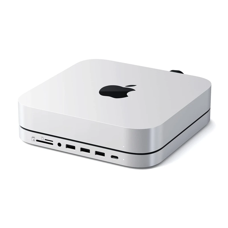 SATECHI Mac Mini Hub & Type-C Stand with SSD Enclosure – Mac Mini Stand - Fits M.2 SATA SSD, USB-C Data Port, Micro/SD Card Readers, USB-A, Headphone Jack Port – for Mac Studio, Mac Mini M1 (Silver)