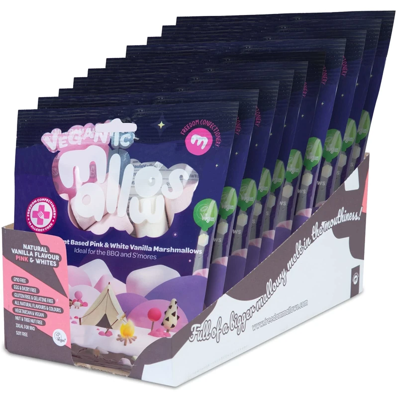 Freedom Vegan Vegantic Pink & White Vanilla BBQ Mallows Case 10x105g Pack - Vegan Marshmallows UK/Vegetarian Marshmallows UK Natural Flavours & Colours - Gelatine & Gluten Free Case Giant Marshmallows