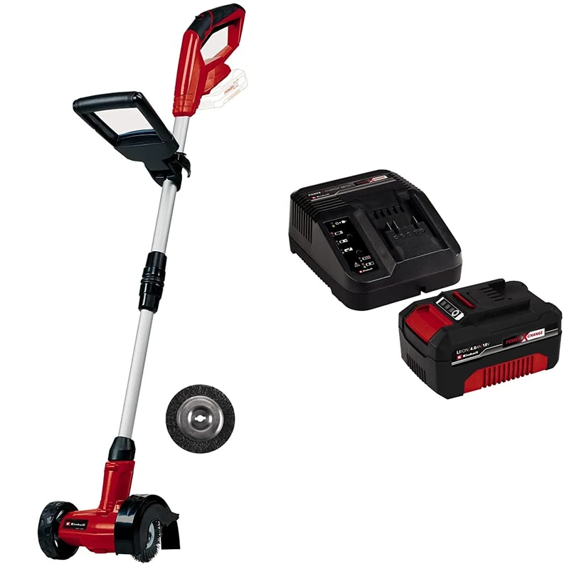 Einhell Cordless Grout Cleaner GE-CC 18 Li Solo Power X-Change - Supplied with 4.0Ah Battery and Charger (Adjustable Telescopic Long Handle, Replaceable Brushes, Nylon And Steel Brush Included)
