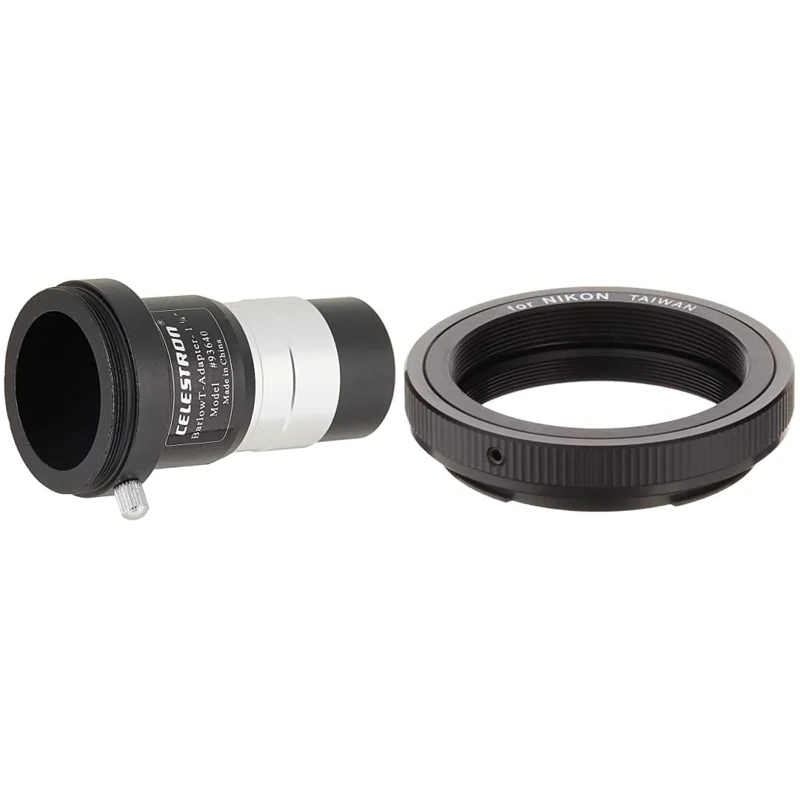 Celestron 93640 1.25 Inch Universal Barlow and T-Adaptor, Silver/Black & 93402 T-Ring Adapter for Nikon Digital Cameras, Black