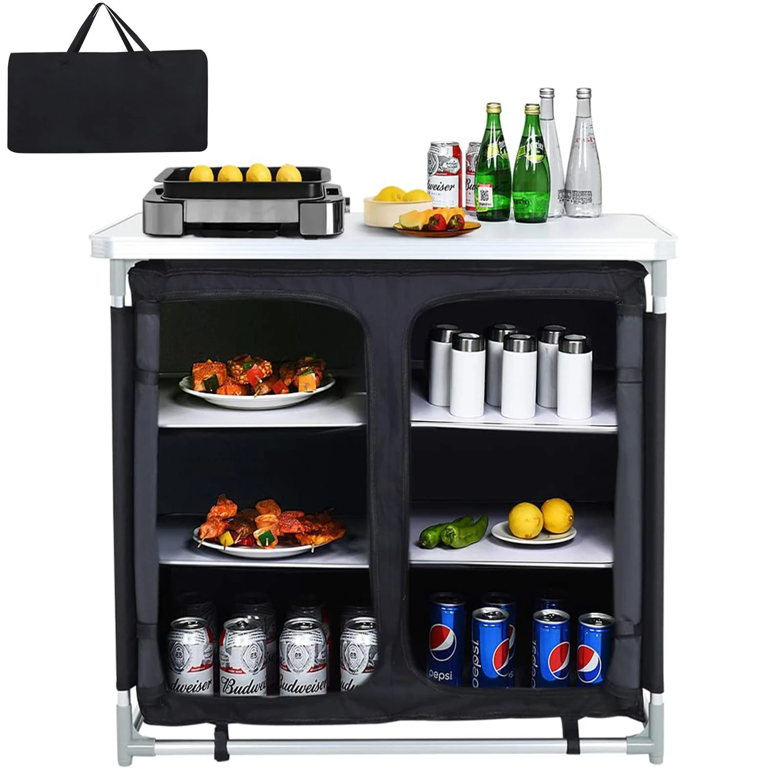 Warmiehomy Folding Camping Storage Cupboard Portable Camping Kitchen Unit with Aluminium Frame, 1 double cupboard, Black, 100×50×80cm