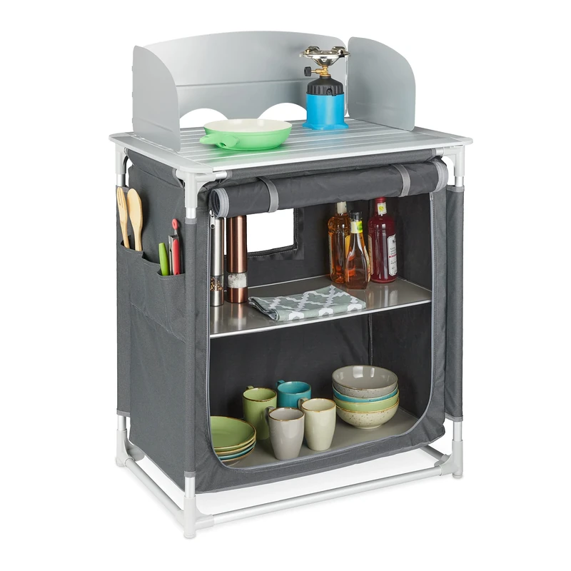 Relaxdays Camping Kitchen, Worktop with Splash Guard, Storage Bag, H x D: 83 x 76 x 53 cm, Camping Cabinet, Grey
