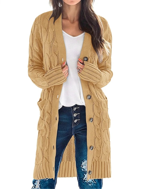 Merokeety Women's 2024 Long Sleeve Cable Knit Long Cardigan Open Front Button Sweater Outerwear, Khaki, Small