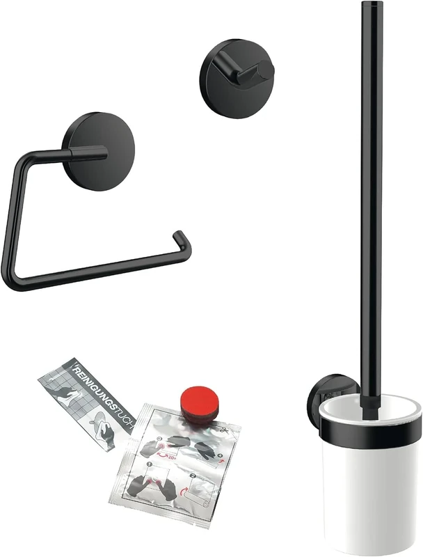EMCO Round Toilet 3 Piece Bathroom Accessory Set Including Towel Hook, Paper Holder, Toilet Brush Set 3 in 1 Perfect for Any Bathroom, Black