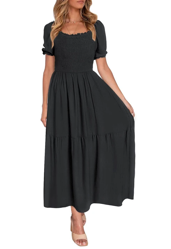 ZESICA Women's Summer Boho Floral Print Square Neck Ruffle Swing Beach Long Maxi Dress, Black, Small - Image 1