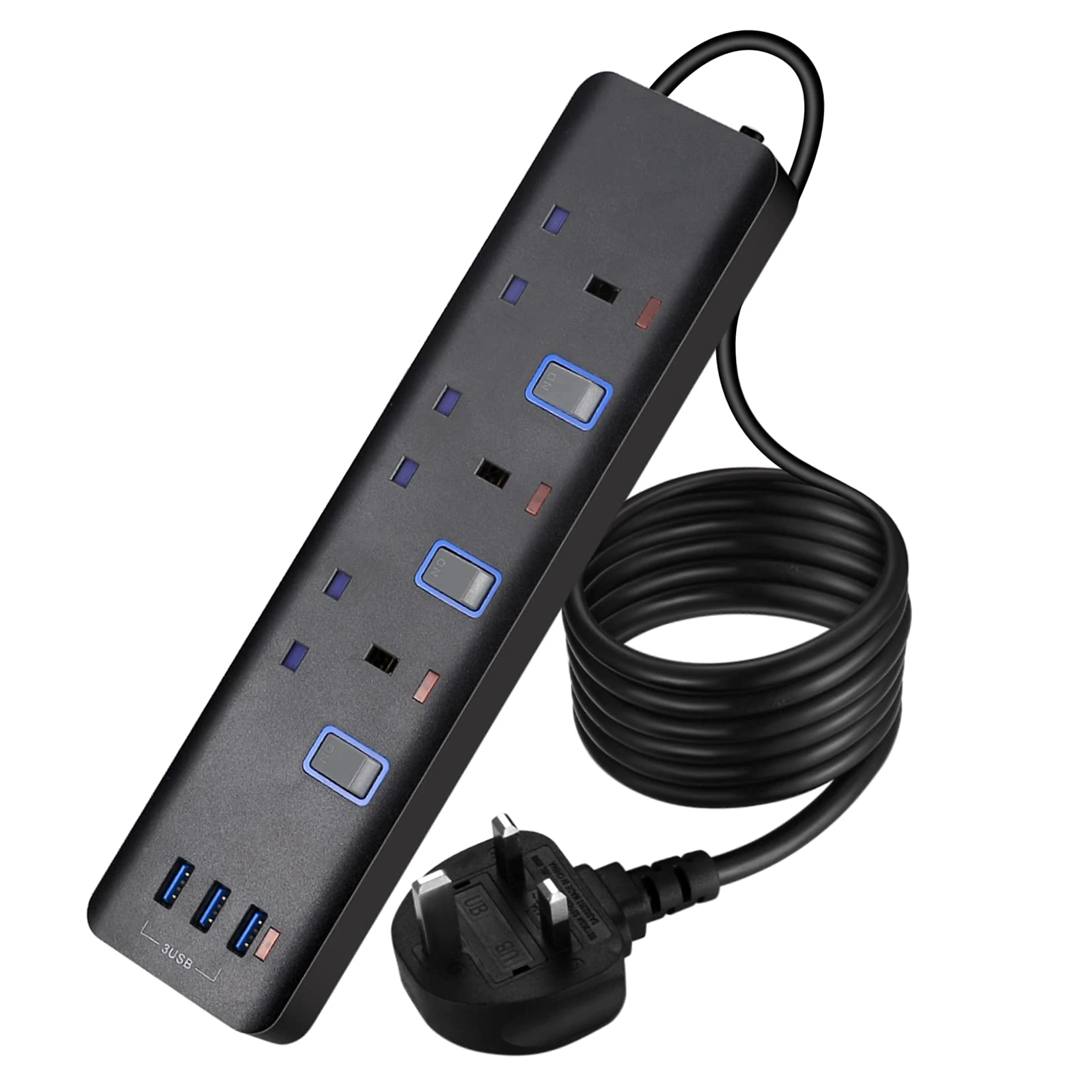 Extension Lead with USB Slots, 13A 3250W Surge Protected Extension Lead Power Strip with Switches, 3 way Extension Cord for Home, Office and Travel Black